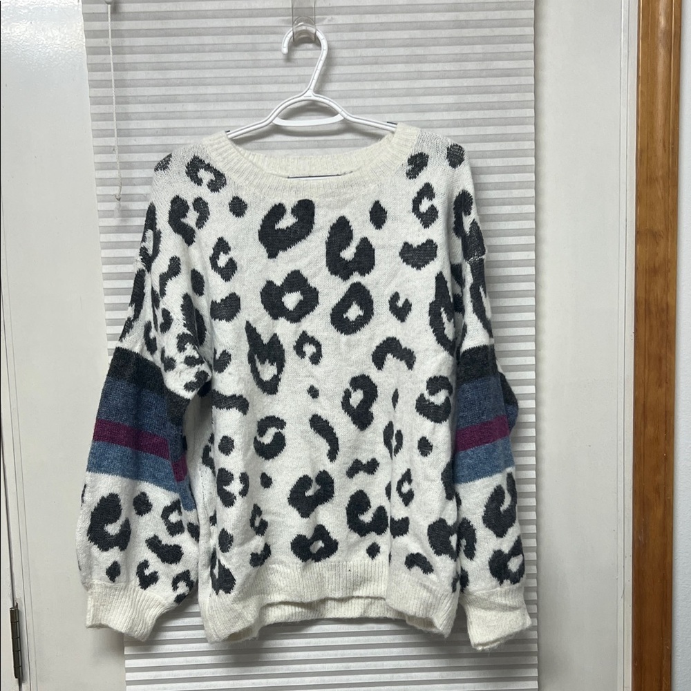 Eesome Black and White Leopard Sweater with Blue and Purple Stripes